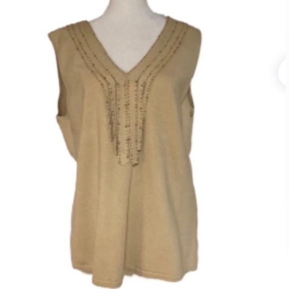 Reba Sweaters - EC Reba Tan Sleeveless Silk Sweater With Front Fringe & Sequins Size XL